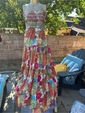 Bohemian Strapless Floral Maxi Dress in Pink & Green